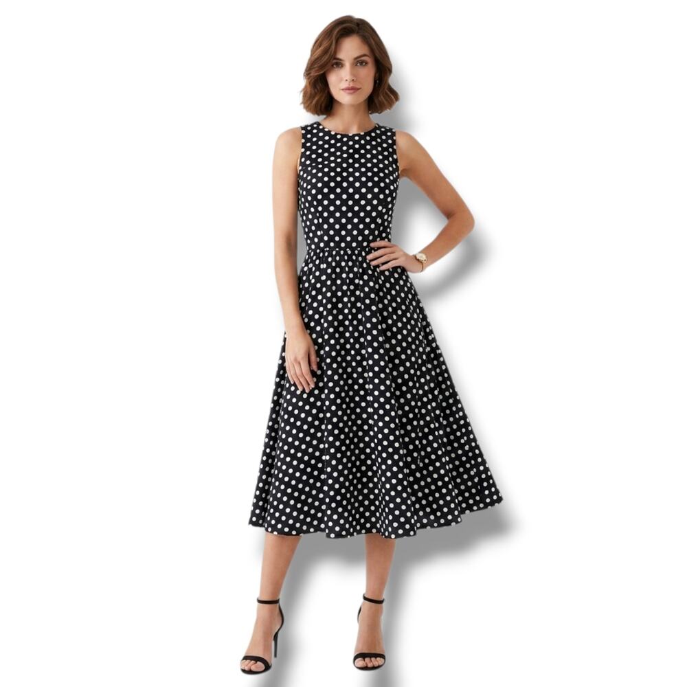 Black and White Polka Dot Midi Dress - Classic Sleeveless Fit